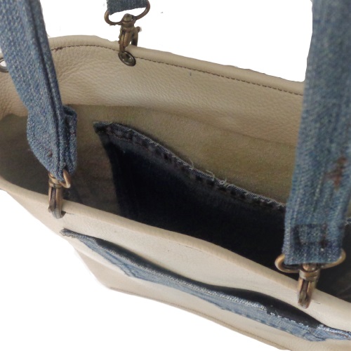 Shopper creme leer en jeans - Afbeelding 3